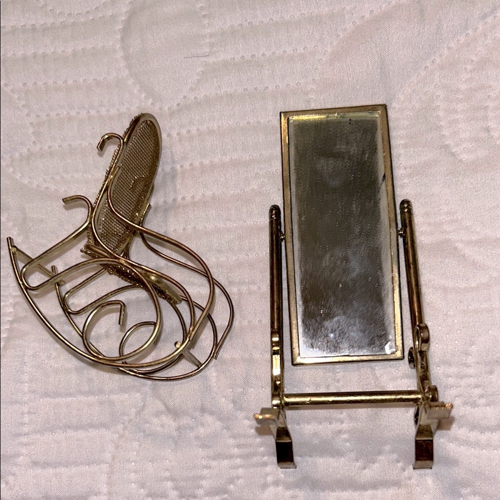 Vintage Dollhouse Gold Miniature Rocking Chair and Mirror Set